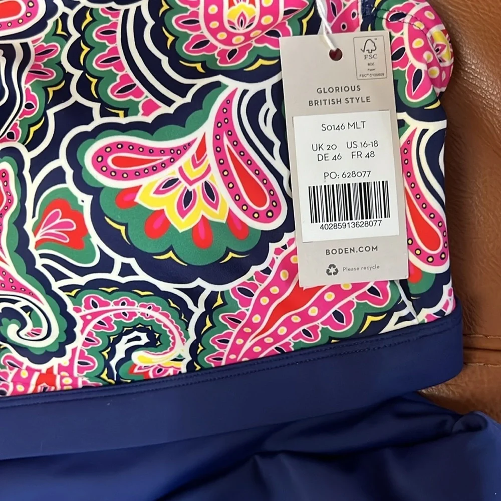 BODEN Corsica bikini top French navy summer paisley pattern 16-18 New lined pink